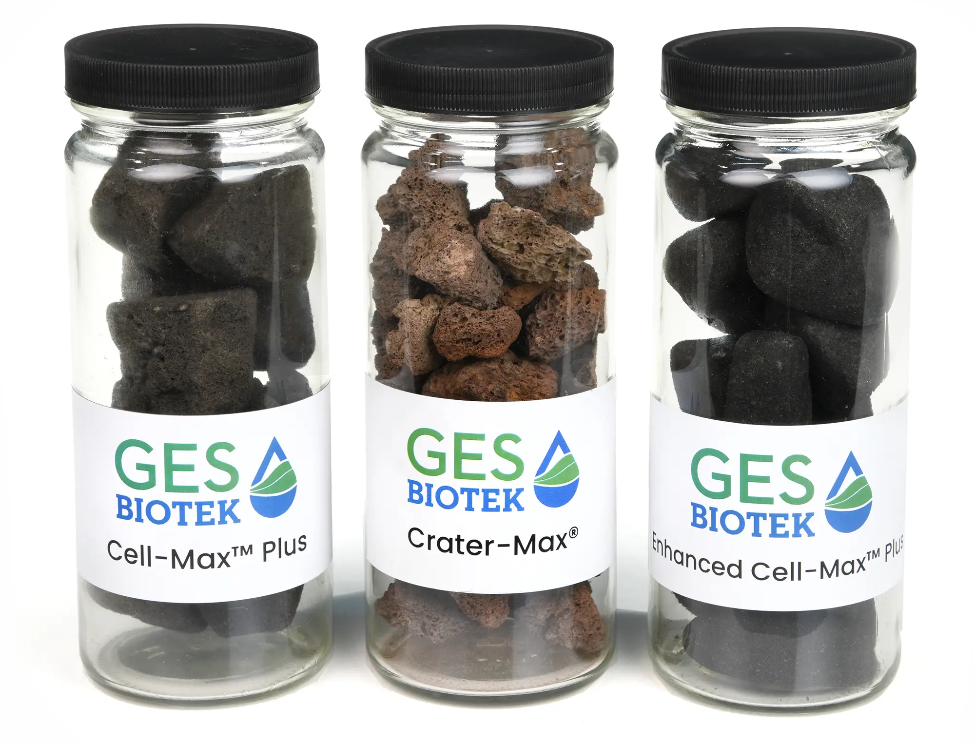 Sample jars of Cell-Max Plus, Crater-Max, and Enhanced Cell-Max Plus media