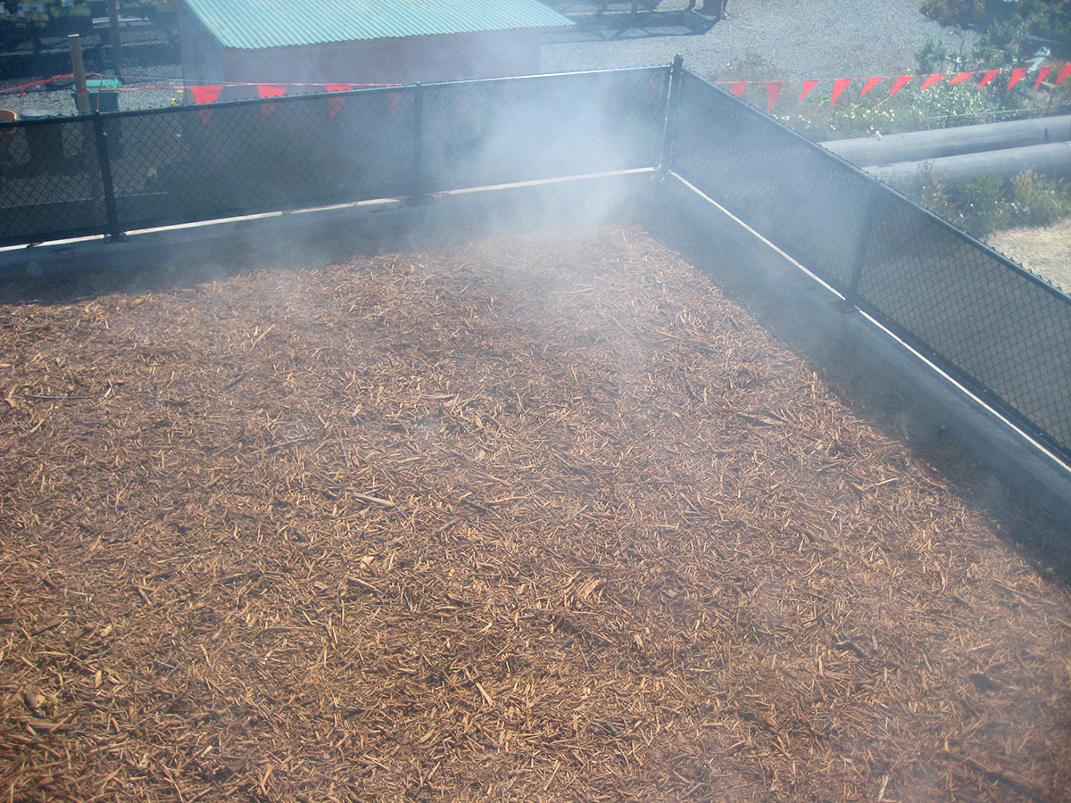 Smoke seeping through Fiber-Max media during smoke test at Richmond, CA biofilter