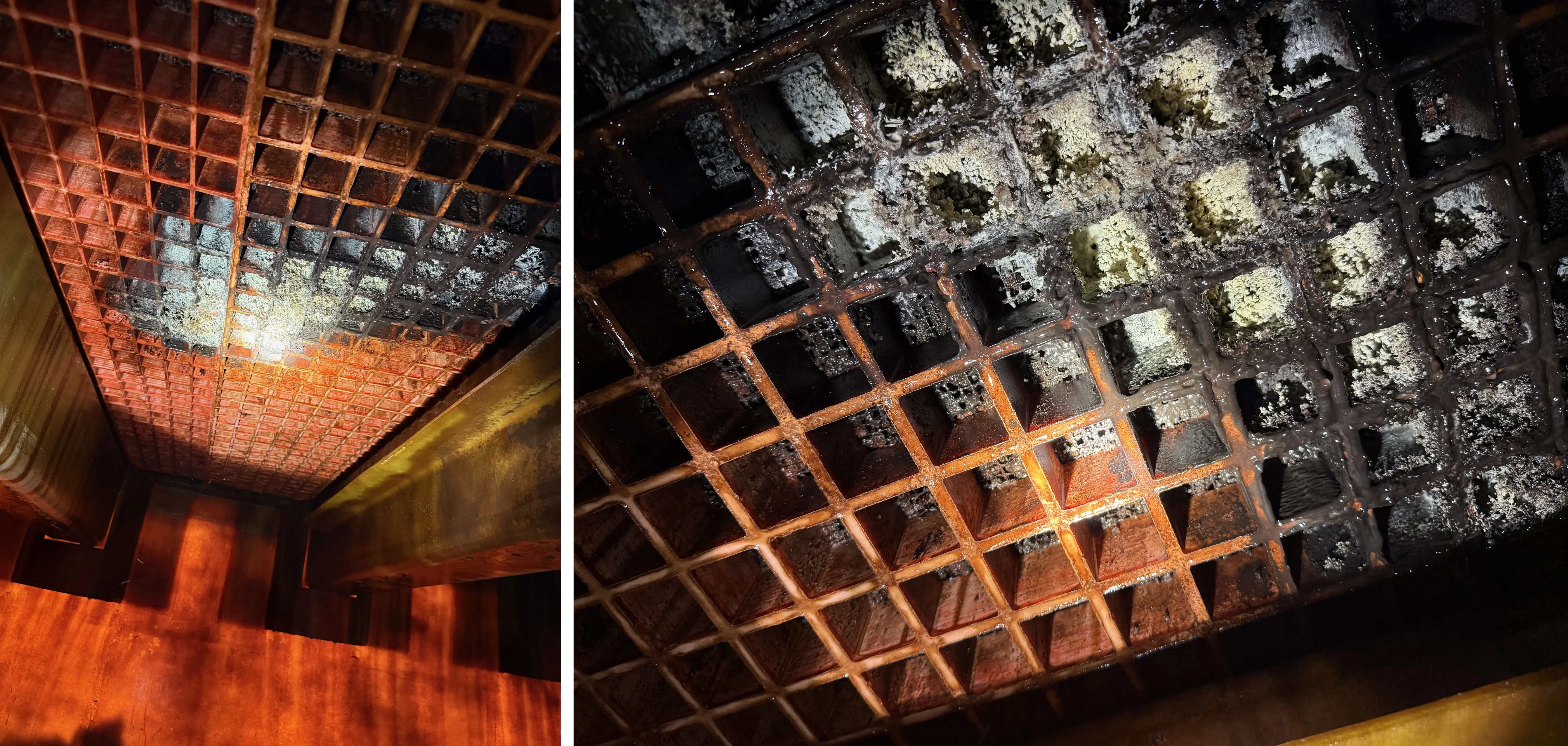 Localized buildup observed on underside of support grate 